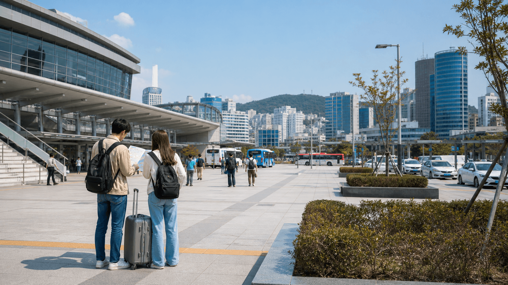 Travelers planning their first move outside Busan Station