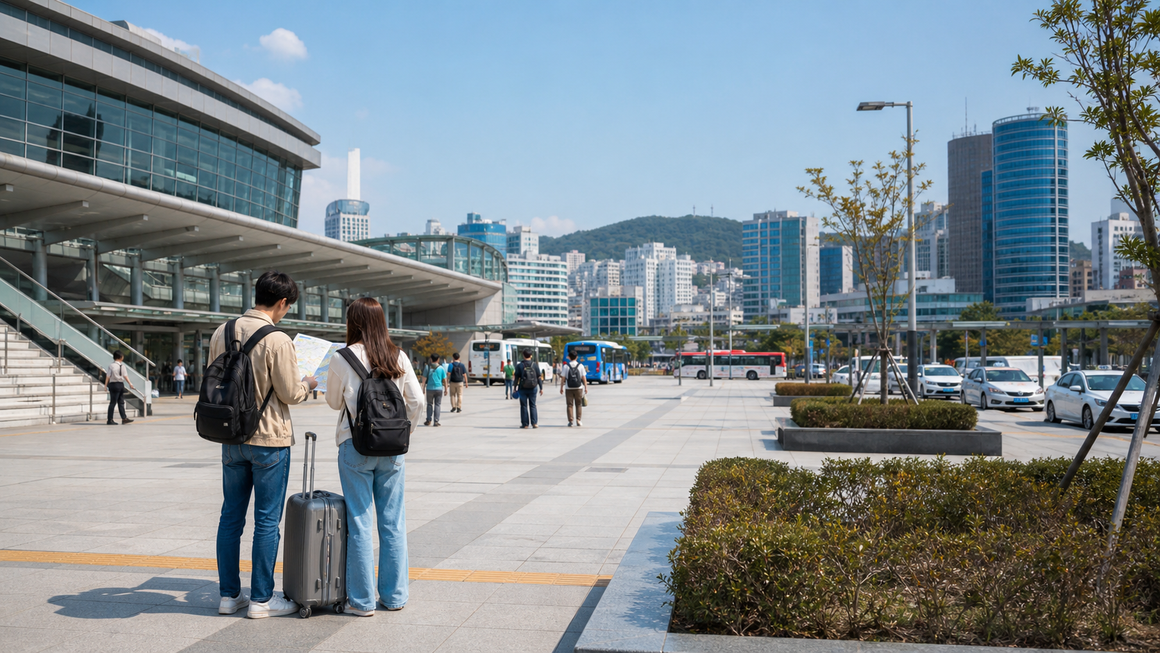 Travelers planning their first move outside Busan Station