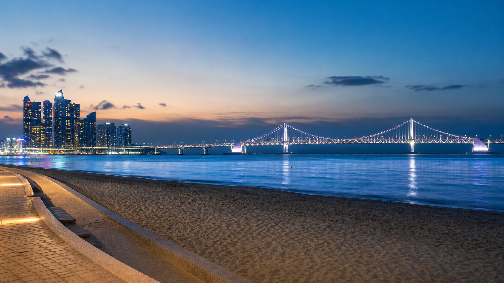 Gwangalli shoreline and Gwangan Bridge at dusk