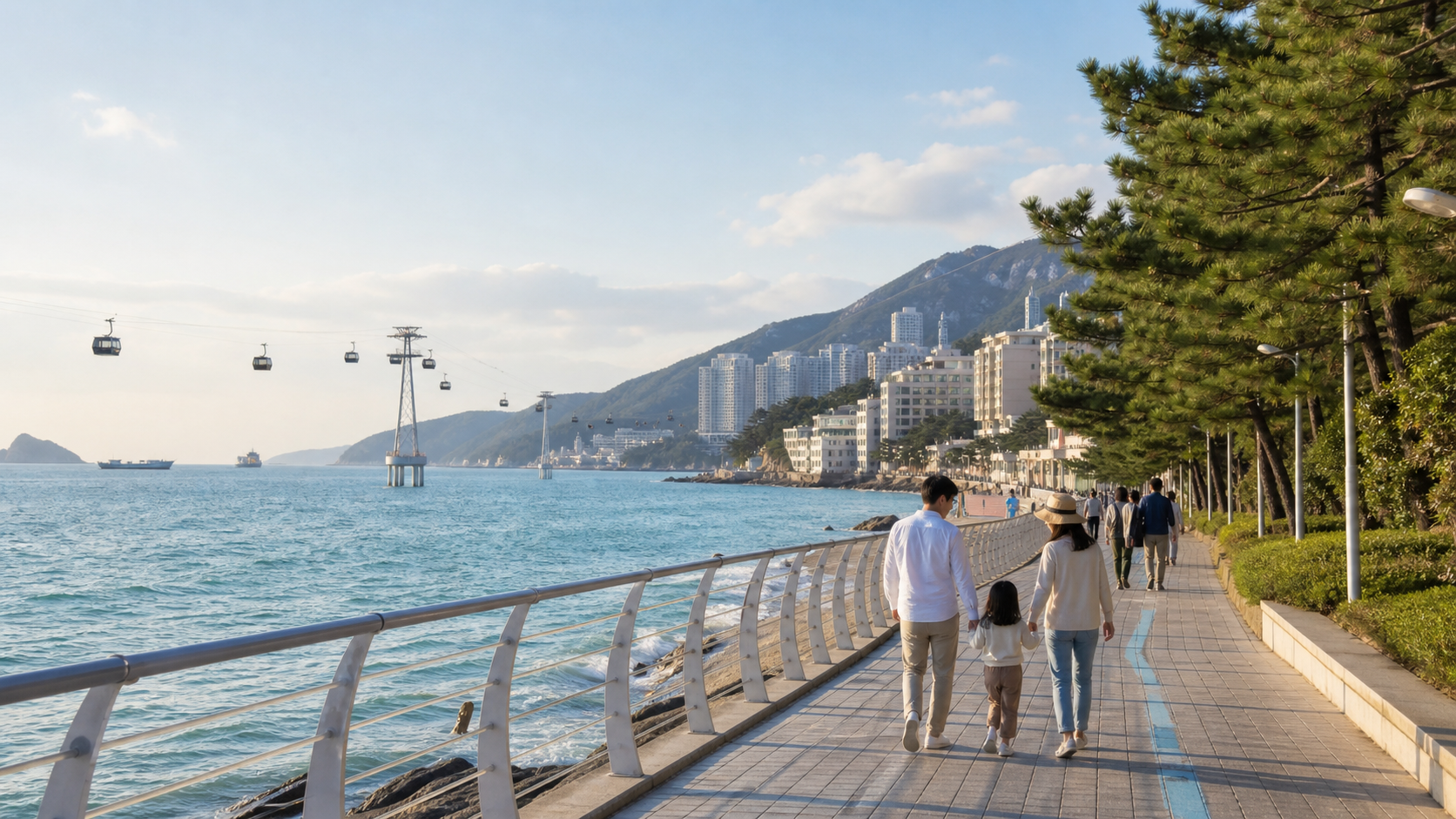Songdo coastal walkway and cable car atmosphere